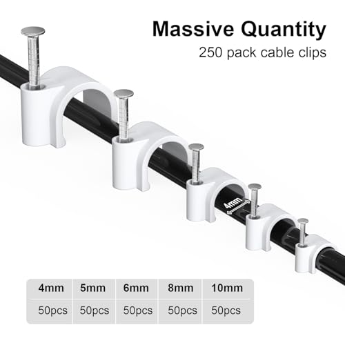 Jadaol Wide Design Cable Clips with Nails, 250 Pack Cord Wire Clips (4mm 5mm 6mm 8mm 10mm), Nail-in Round Cable Tacks for Ethernet Cable, Coaxial, TV, Speaker, Electrical Wire, White - size: 4/5/6/8/10mm - Wide Design