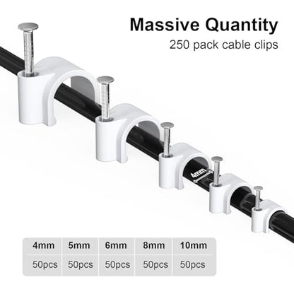 Jadaol Wide Design Cable Clips with Nails, 250 Pack Cord Wire Clips (4mm 5mm 6mm 8mm 10mm), Nail-in Round Cable Tacks for Ethernet Cable, Coaxial, TV, Speaker, Electrical Wire, White - size: 4/5/6/8/10mm - Wide Design