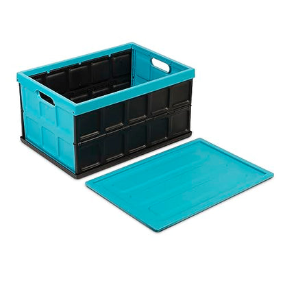 Glad Collapsible Storage Bin with Lid - 48L Foldable Plastic Box for Garage, Car Trunk, and Organization - Stackable Lidded Container with Handles, Turquoise - color: Turquoise