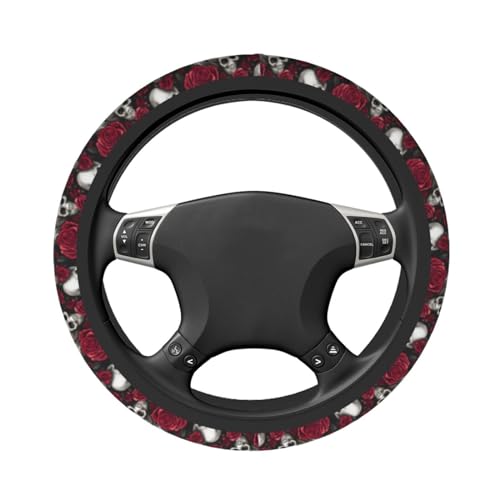 Skull Rose Steering Wheel Cover with 2 Car Coasters Non Slip Neoprene for Women Men Universal 15 Inch - color: Skull Rose