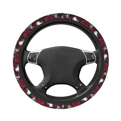 Skull Rose Steering Wheel Cover with 2 Car Coasters Non Slip Neoprene for Women Men Universal 15 Inch - color: Skull Rose