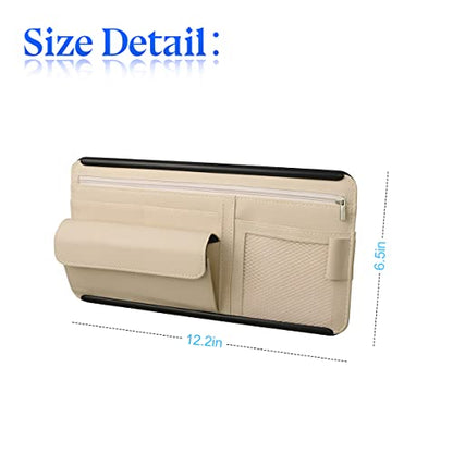 Car Sun Visor Organizer, Car Visor Pocket Wallet Pouch Holder, Vehicle Sunshade Glasses Case Storage Bag with Multi-Pocket Net Zipper, Auto Interior Accessories Universal for SUV Truck Van (Beige)