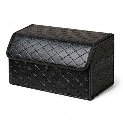 Leather Trunk Organizer for SUV & Sedans - Extra Large Foldable Car Storage Box with Lid, Adjustable Removable Dividers and Carry Handle, Collapsible Auto Cargo Organizer Black