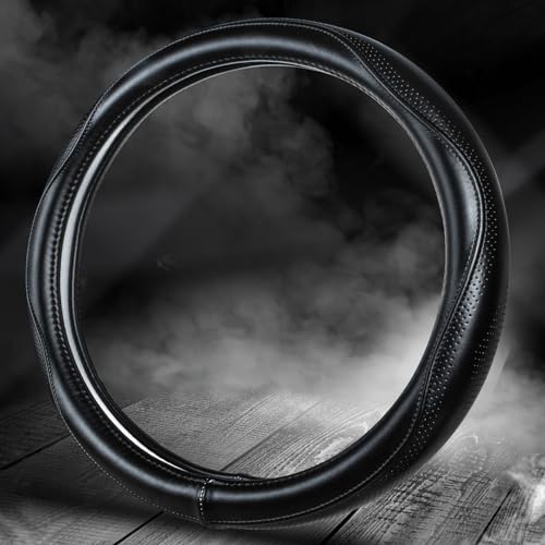 HAOKAY Top Grade Black Genuine Leather Steering Wheel Cover Men Women, Luxury Steering Wheel Cover for Cars, SUVS and Trucks，Universal 14.5-15 inch - color: BLACK