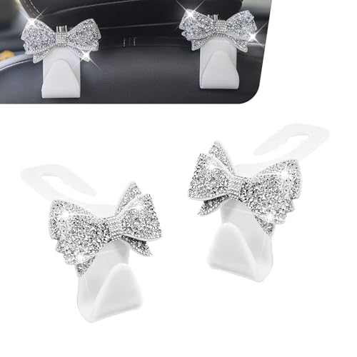 2 PCS Bling Bow Car Seat Headrest Hooks, Cute Rhinestone Bow Car Seat Back Storage Decor Hook, Multi-Purpose Rear Hanger Holder for Bags, Purse, Clothes (White) - color: Whtie