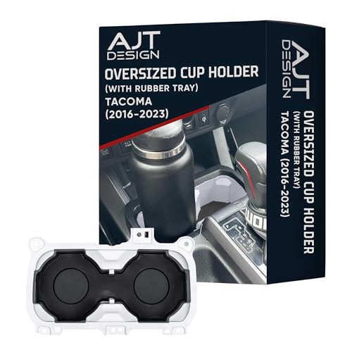 AJT DESIGN Oversize Cup Holder with Tray Compatible with Toyota Tacoma 2016–2023 | Fits 3.65" Bottles | Car Cup Holder Organizer | Center Console Upgrade, Tacoma Interior Accessory | White - color: White, style: With Rubber Tray