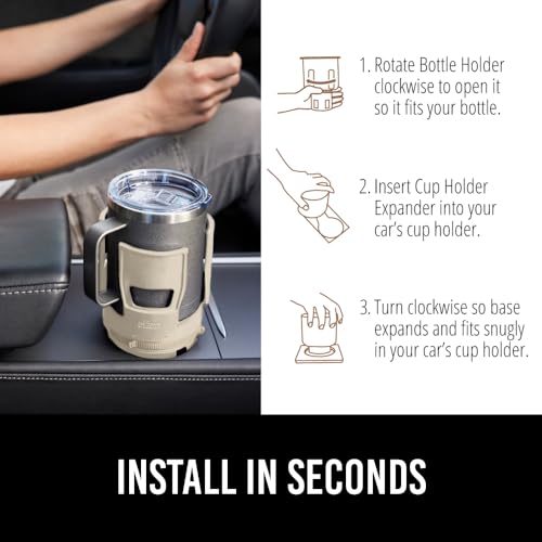 GORILLA GRIP Patent Pending Adjustable Car Cup Holder Expander, Keeps Water Bottle Secure, Expands to Fit 18 to 48 oz Large Bottles, Yeti, Owala, Stanley with Handle, Coffee Mug Insert for Cars, Tan - color: Tan