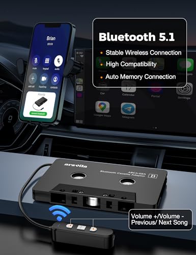 arsvita 5.1 Bluetooth Cassette Adapter, Car Audio Bluetooth Cassette Receiver, Cassette Bluetooth Adapter for Car Support Micro SD Card, Hands-Free Call, Black, Type BCA02