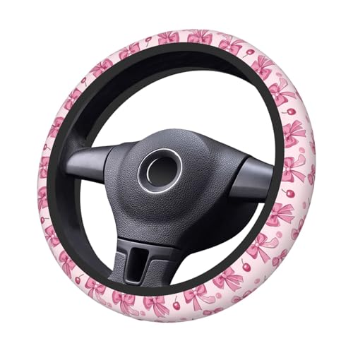 Steering Wheel Cover Pink Bow Pattern Cherry Elastic Neoprene, Anti-Slip Universal Fit 14.5-15 Inch, Car Accessories Interior Decoration Wheel Protector for Cars, SUVs, Trucks - color: A01
