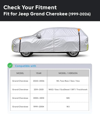 Wigoo Jeep Grand Cherokee Car Cover Accessories 1999-2026, Custom Fit Waterproof All Weather Outdoor Full SUV Cover, Windproof Sun UV Rain Snow Dust Protection, Door Zipper, Reflective Strips - size: for Jeep Grand Cherokee (1999-2026)
