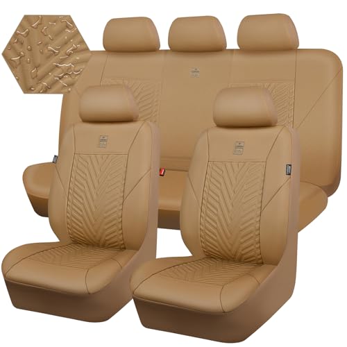 CAR PASS Faux Leather Car Seat Covers, 3D Tyre Embossed Waterproof Universal Fit 5 Seat Covers for SUV, Automotive Truck, Scratch Proof, Airbag Compatible (Deluxe Full Set, All Beige) - color: All Beige