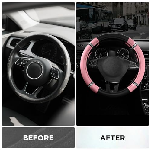 Road Comfort Leather Steering Wheel Cover – Premium Anti-Slip Car Steering Wheel Grip Cover – Universal Fit for 14.5”–15” Cars, Trucks & SUVs - Pink - color: Pink