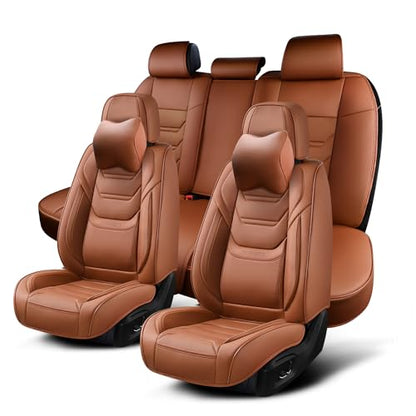 TIEHESYT Car Seat Covers Full Set, Breathable Leather Automotive Front and Rear Seat Covers & Headrest for Reduce The Driving Fatigue, Compatible with Most Vehicles, Cars (Brown, Front Pair and Rear) - color: Mature Brown, size: Front Pair and Rear