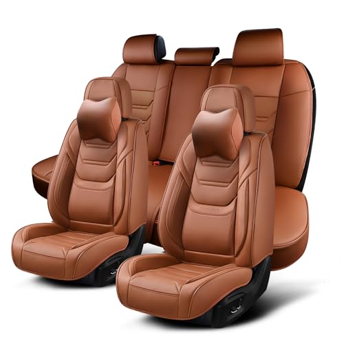 TIEHESYT Car Seat Covers Full Set, Breathable Leather Automotive Front and Rear Seat Covers & Headrest for Reduce The Driving Fatigue, Compatible with Most Vehicles, Cars (Brown, Front Pair and Rear) - color: Mature Brown, size: Front Pair and Rear