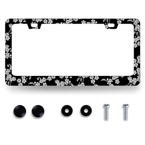 Black and White Flowers License Plate Frame Floral License Plate Holders Colorful Flower Stainless Steel Car Bracket 2 Hole with Screws Universal Auto Accessory License Plate Frames 6.2x12.2 Inch - color: Black and White Floral Flowers
