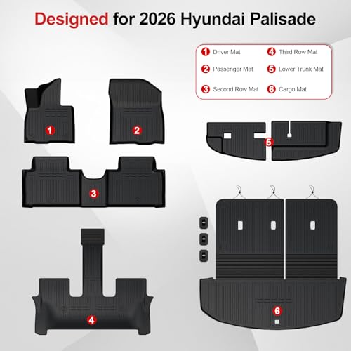 Floor Mats for 2026 Hyundai Palisade 7/8 Seat (Only Gas), All Weather TPE Black Cargo Mat with 3rd Seat Back Cover and Lower Trunk Mat for 2026 Hyundai Palisade Calligraphy Accessories - size: For Hyundai Palisade Gas Floor Mats Set 2026