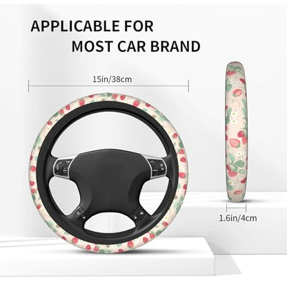 Strawberry Flowers Steering Wheel Cover - Strawberry Flower Steering Wheel Cover for Women Cute Car Breathable Universal for 14-15 Inch Anti-Slip 2 Pieces Car Coasters - color: Strawberry