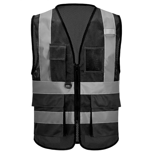 High Vis Safety Vest Reflective Strips, Multi-Pocket Design, Available in Yellow,Orange,black,Pink,blue,Red,purple - color: Black, size: 6XL-8XL