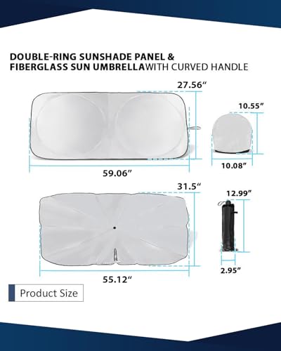 Retractable Windshield Sun Shade for car Windshield Sun Shade,99% UV Blocking,Long-Frequency and Short-Frequency Demand,Small(Sunshade 59.06"x27.56",Umbrella 55.12"x31.5") - size: Small