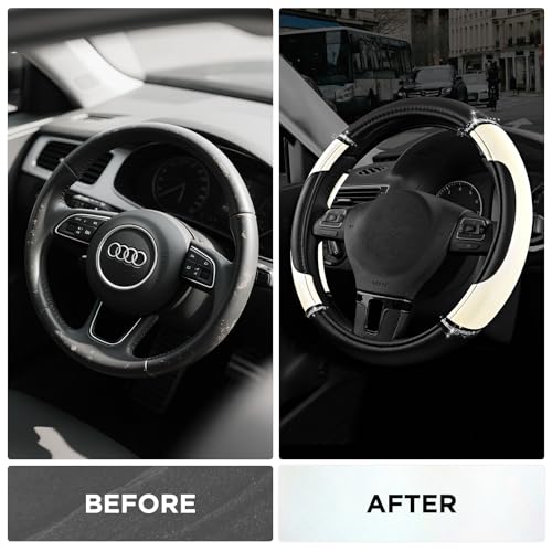 Road Comforts Leather Steering Wheel Cover - Made with PVC Leather - Anti-Slip, Universal Fit 14 1/2 inches to 15 inches - White - color: White