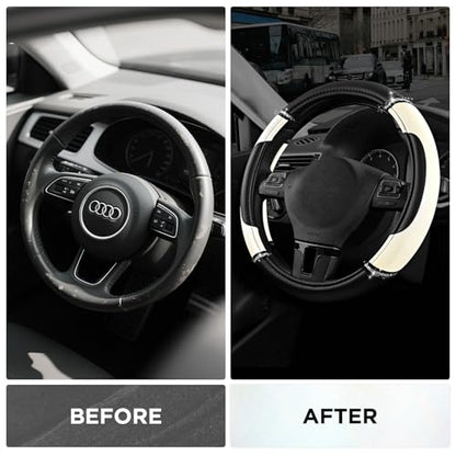 Road Comforts Leather Steering Wheel Cover - Made with PVC Leather - Anti-Slip, Universal Fit 14 1/2 inches to 15 inches - White - color: White