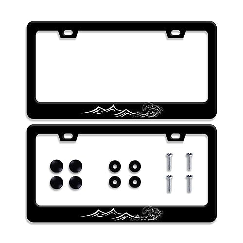 2Pcs Mountains Waves License Plate Frame Mountain Ocean Wave License Plate Stainless Steel Auto Parts Funny License Plate Decorative with Screws Size 12.3" x 6.3" Men Women - color: 【2Pcs】Mountains Ocean wave