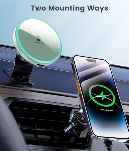 MOKPR for Magnetic Car Mount Charger-15W Wireless Car Charger-Magnetic Car Phone Holder for Dash Air Vent-LED RGB HandsFree Car Mount Fast Car Charger for iPhone 14/13/12 Series,Green - color: Green Cover
