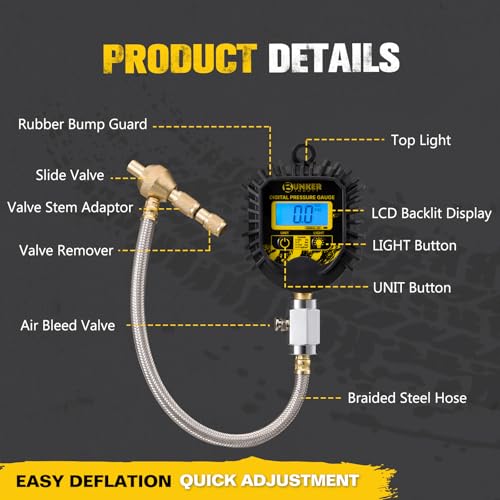 BUNKER INDUST Digital Tire Pressure Gauge, 0-250 PSI Heavy Duty Air Guage for car, Truck, and Off-Road Vehicle- Reliable Accuracy-Backlit LCD Display, Tire Deflator with Built-in Top Light