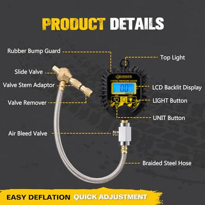 BUNKER INDUST Digital Tire Pressure Gauge, 0-250 PSI Heavy Duty Air Guage for car, Truck, and Off-Road Vehicle- Reliable Accuracy-Backlit LCD Display, Tire Deflator with Built-in Top Light