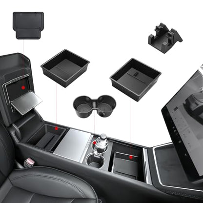 Center Console Organizer 5PCS Compatible with Tesla Model Y Juniper2026, Armrest Storage Tray, Hidden Storage Box, Cup Holder, Phone Holder – Interior Accessories for New Model Y/3 2025