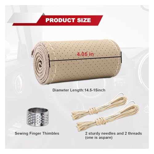 ZIMISI Genuine Leather Steering Wheel Cover, Anti-Slip Breathable Car Steering Wheel Stitching Wrap, DIY Sewing with Needle Thread, 15 Inch Stitch on Wrap Car Steering Wheel Cover (Beige, Hole) - color: Beige, size: Hole