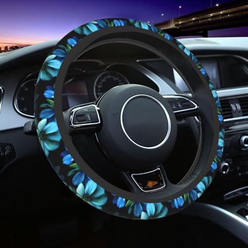 Blue Flower Steering Wheel Cover for Women Car Accessories Cute Girls Girly Universal 15 Inch Neoprene Auto Interior Decor Anti Slip Automotive Truck Protector - color: Aqua Flower Blue