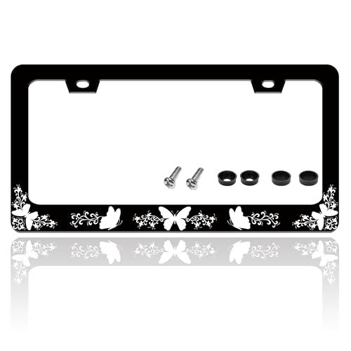 Black White Butterfly License Plate Frame Funny Butterflies License Plate Holder for Front or Rear Car Tags Reusable Durable Stainless Steel Car Decoration with Screws 6.3 X 12.2 Inch for Men Women - color: Black White Butterfly