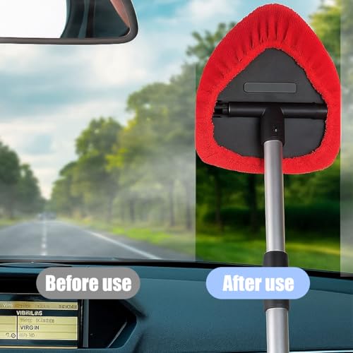 Car Windshield Cleaner Tool, Vehicle Window Detailing Cleaning Kit with Extendable Handle & 4 Washable Microfiber Pad, Auto Glass Wiper Cleaner for Exterior & Interior, Universal Fit (Red) - color: Red