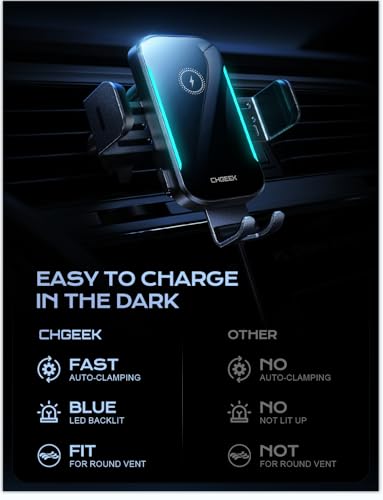 Wireless Car Charger, 15W Fast Charging Car Phone Holder Charger Auto-Clamping Air Vent Car Phone Mount with Blue LED Backlit for iPhone 16 15 14 13 12, Samsung S24 S23 S22, etc