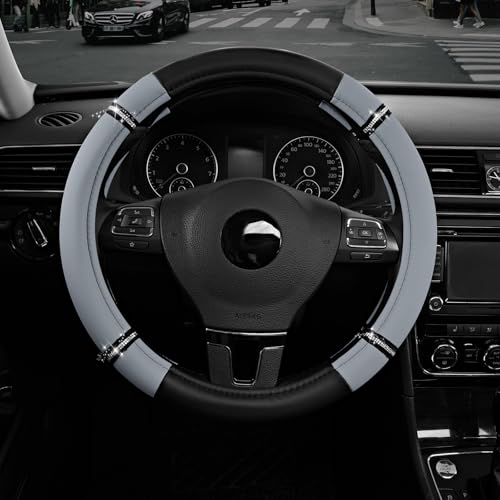 Road Comfort Leather Steering Wheel Cover – Premium Anti-Slip Car Steering Wheel Grip Cover – Universal Fit for 14.5”–15” Cars, Trucks & SUVs - Gray - color: Gray