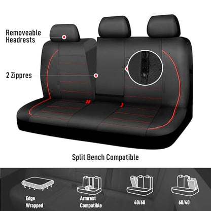CAR PASS Leather Back Seat Cover,Piping Waterproof Bench Seat Cover, Rear Seat Cover Universal Fit for Cars Sedans SUVs Truck 95% Automotive Interior Backseat Car Covers (Rear,Black and Red) - color: Black Red Rear