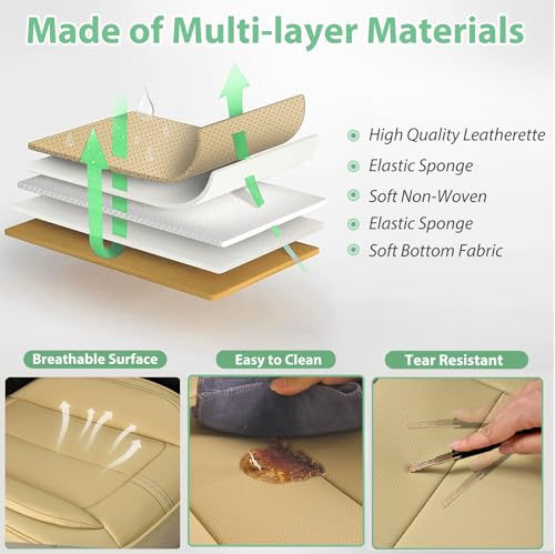 2 Pack Front Car Seat Cover Bottom Only Faux Leather, Anti-Slip Padded Seat Cushion, Full Wrap Seat Protector with Storage Function Fit 95% Cars, SUV, Pick-up Trucks (Beige) - color: Beige