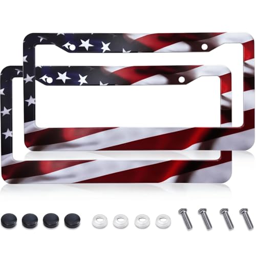 2Pcs American Flag License Plate Frames - KMBCAM Universal Aluminum License Plate, Gloss Patriotic License Plate Cover Hold for Car for Men with Free Screws Caps, Gifts for Friends or Family. - color: Gray Red US Flag