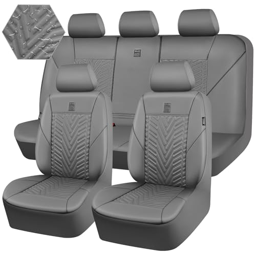 CAR PASS Faux Leather Car Seat Covers, 3D Tyre Embossed Waterproof Universal Fit 5 Seat Covers for SUV, Automotive Truck, Scratch Proof, Airbag Compatible (Deluxe Full Set, All Gray) - color: All Gray