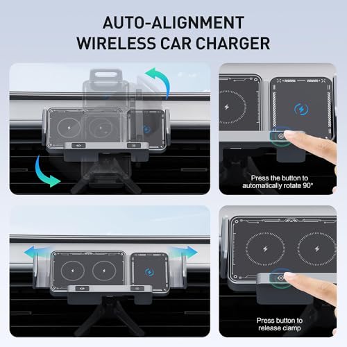 Famous Tech Shop Wireless Car Charger Mount 15W Fast Charging Phone Holder with Auto Rotation, Dual Mount Dashboard and Windshield Car Phone Holder for iPhone and Android