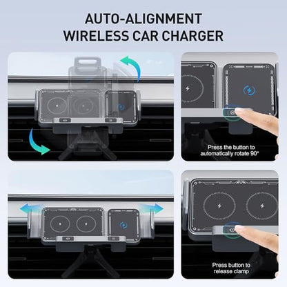 Famous Tech Shop Wireless Car Charger Mount 15W Fast Charging Phone Holder with Auto Rotation, Dual Mount Dashboard and Windshield Car Phone Holder for iPhone and Android