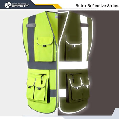 JKSafety 10 Pockets Class 2 High Visibility Zipper Front Safety Vest Yellow with High Reflective Strips Meets ANSI/ISEA Standards (88-Yellow, Medium) - color: Yellow, size: Medium
