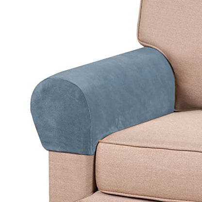 PrinceDeco 4 Pack Thick Velvet Stretch Armrest Covers for Chairs & Sofas - Non Slip, Stone Blue - color: Stone Blue