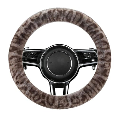 Fluffy Cheetah Car Steering Wheel Cover Luxurious Faux Fur Leopard Print Cute Wheel Protector Universal 15 Inch Fit for Vehicle, Car, Auto, SUV Winter Warm (Gray) - color: Gray