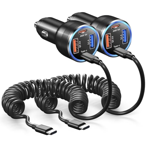 65W Super Fast Type C Car Charger for Samsung Galaxy S26 S25 S24 S23 S22 Ultra, 2Pack 4-Port USB C Car Charger for Samsung A13 A14 A16 A17 A03S A10E S20FE Android Car Adapter+5FT Type C Coiled Cable - size: 2 Pack