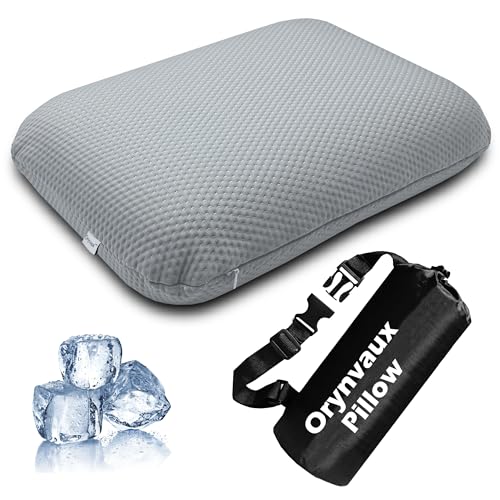 Cooling Camping Pillow, Memory Foam Travel Pillow with Adjustable Buckle Strap & Storage Bag, Compact Small Pillow for Airplane, Car Lumbar, Office, Washable Cooling Cover, Quarry Grey - color: Quarry Grey, size: L-17.5*11.8*4.3in