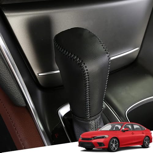 Great-luck Genuine Leather Automatic at Gear Shift Knob Cover Protector Trim,The car Interior Accessories(Black Stitches) for Honda 11th Civic(2022 2023 2024 2025) - color: Black Stitches, size: Civic(2022-2025)