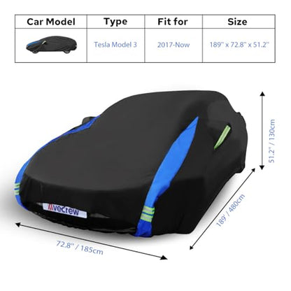 Avecrew Car Cover for Tesla Model 3 2017-2026, Custom Fit Full Exterior Cover with Charging Port and Breathable Ventilation Mesh, Waterproof All Weather Outdoor Rain Snow Sun Protection Cover - size: Fit Tesla Model 3