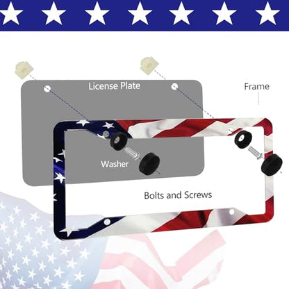 LIN KANG American Flag License Plate Frame Holder - 2 Pack Universal Aluminum Matte Stripe US Flag Gloss Patriotic Car Plate Frame Covers with Free Screws Fasteners Caps - color: Matte American flag B